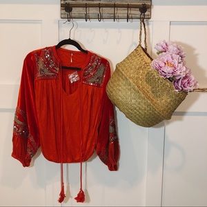 Free People Orange Velvet Embellished Peasant Top